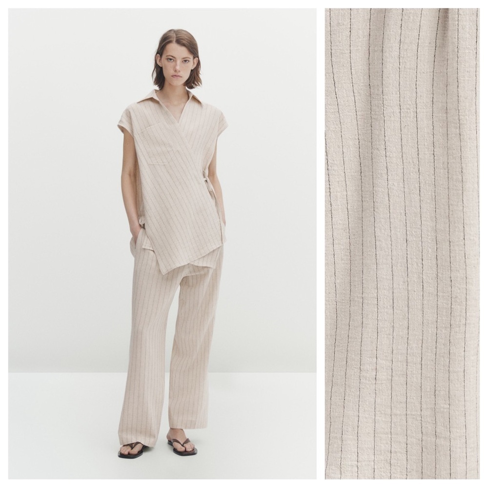 NWT. Massimo Dutti Beige Pinstriped Pajama-Style Waistcoat/Blouse. Size S.